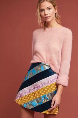 Maeve Patchwork Diagonal Stripe Midi Skirt — Navy, Pink, Mustard, Teal